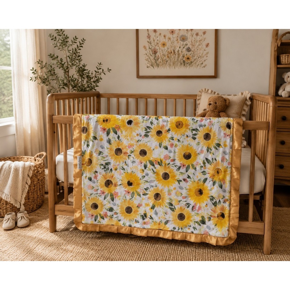Minky Couture baby blanket watercolor sunflower pattern Size 37" × 31" Cozy